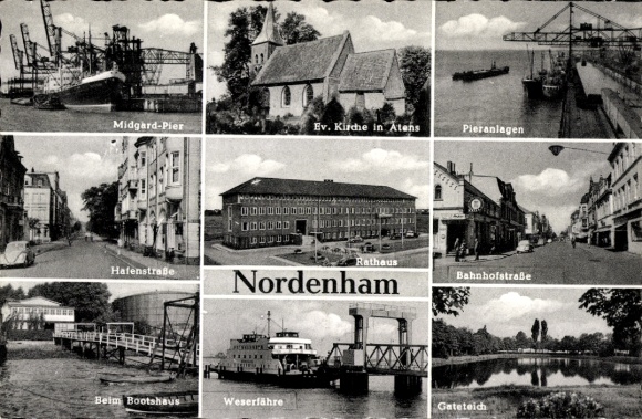PC Nordenham in Oldenburg, Weser ferry, Midgardpier, Ev. Church in Atens, Bahnhofstrasse, town hall