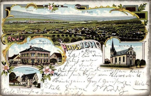 Chromo-Litho Heidesheim am Rhein, Panorama, Butcher's Shop, Catholic Church