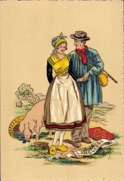 Künstler Ak Languedoc, Bauernpaar in Tracht, Schwein, Wappen