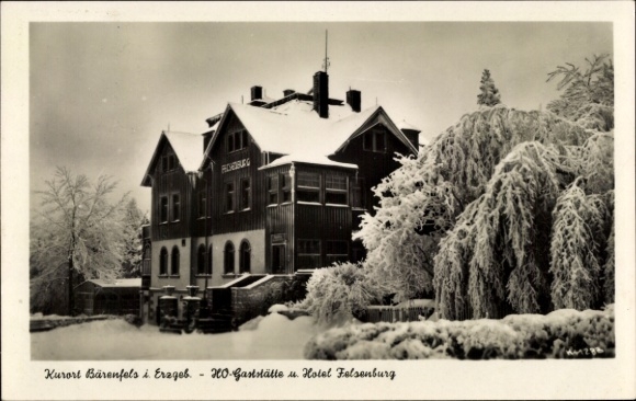 Postcard Bärenstein Altenberg Erzgebirge, spa town Bärenfels, Hotel Falsenburg, snowy landscape