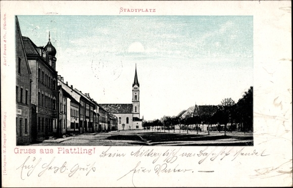 Postcard Plattling im Gäuboden Niederbayern, lot at the town square, church
