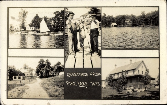 foto Ak Pike Lake Wisconsin VS, Mannen, Zeilboot, Dorpsgezichten