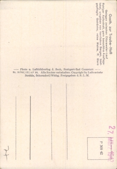 Postcard Lauf in Baden Schwarzwald, aerial photograph, Gasth. zur Traube-Haft