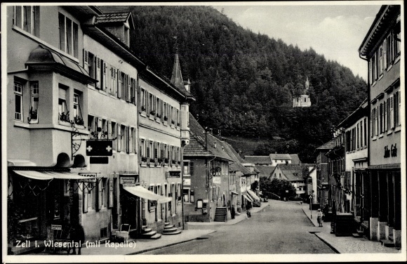 Postcard Zell im Wiesental, street section, pharmacy, chapel, cafe