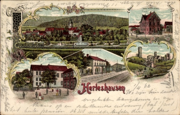 litho Herleshausen an der Werra, kasteel, postkantoor, Brandenburg, treinstation, herberg H. Fasshauer