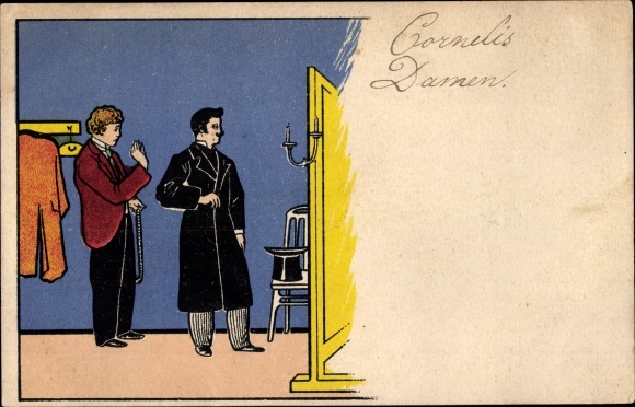 Postcard man trying on a coat at a tailor