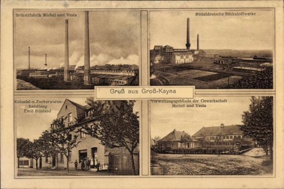 Postcard Großkayna Braunsbedra Saalekreis, briquette factory, nitrogen works, grocery store