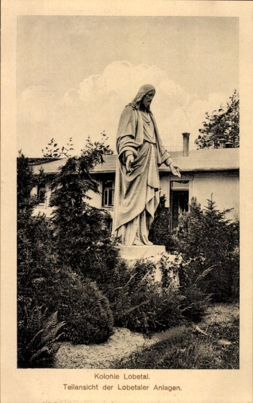 Postcard Lobetal Bernau near Berlin, Lobetal Colony, partial view of the facilities, Christ Statue