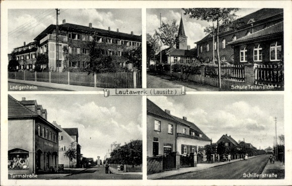Ak Lautawerk Lauta in der Lausitz, Ledigenheim, Schule Teilansicht, Turmstraße, Schillerstraße