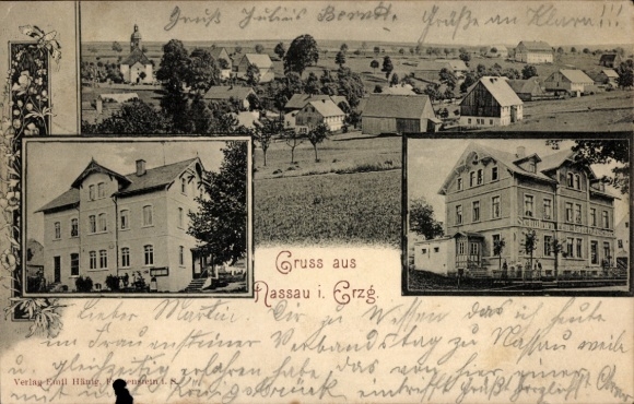 Postcard Nassau im Erzgebirge Frauenstein, Schuhwaren Pischer, Apartment building, Panorama