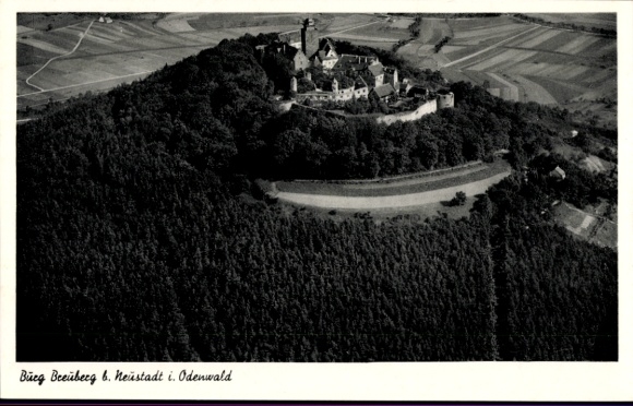 Postcard Neustadt Breuberg in the Odenwald, aerial view of the castle, forest landscape, wine-growing areas