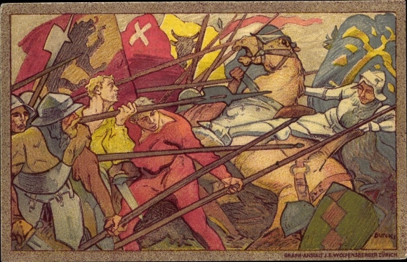 KP artystyczna pocztówka Szwajcaria, bitwa, flagi, lance, święto narodowe 1916
