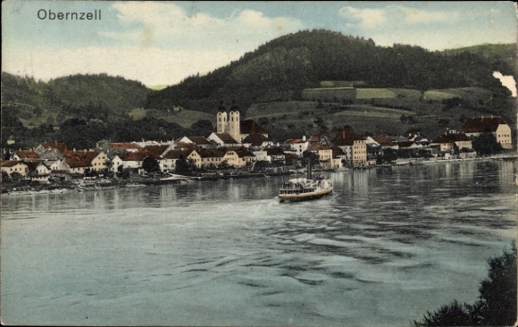 Postcard Obernzell an der Donau Lower Bavaria, river view, boat, towers