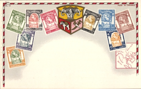 Briefmarken Wappen Litho Siam, Landkarte