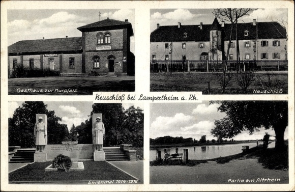 Postcard Neuschloß Lampertheim am Rhein Hesse, Gasthaus zur Kurpfalz, memorial, Old Rhine