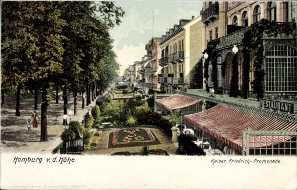 Ak Bad Homburg vor der Höhe Hessen, Kaiser Friedrich-Promenade, Restaurant, Bäume, Blumenbeete