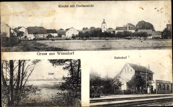 Ansichtkaart Wünsdorf Zossen in Brandenburg, kerk, dorpsgezicht, meer, treinstation