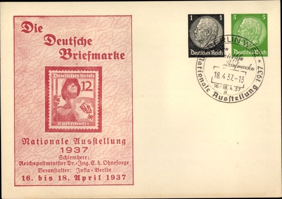 Briefpapier ansichtkaart De Duitse postzegel, Nationale Tentoonstelling 1937, Berlijn