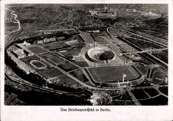Postcard Reichssportfeld Berlin, Reich Academy of Physical Education, Olympic Stadium, Dietrich Eckart Stage