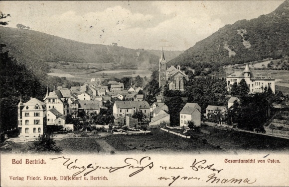 Postcard Bad Bertrich on the Mosel Eifel, general view, east view, church, residential buildings, Verlag Friedr.
