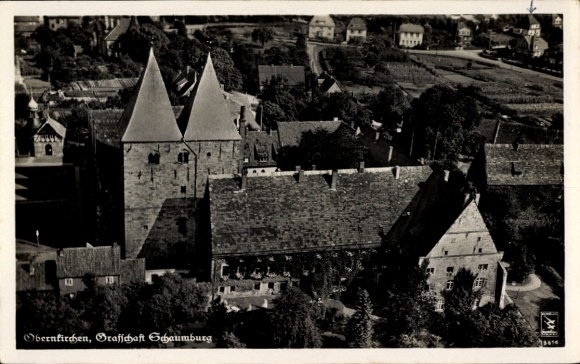 Postcard Obernkirchen district Schaumburg, partial view of the town, church, aerial photograph
