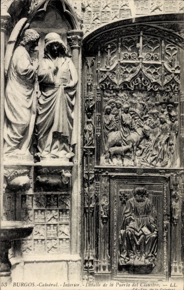 Ak Burgos Kastilien und León, Skulpturen, Kathedrale  Innenansicht, Detail der Pforte