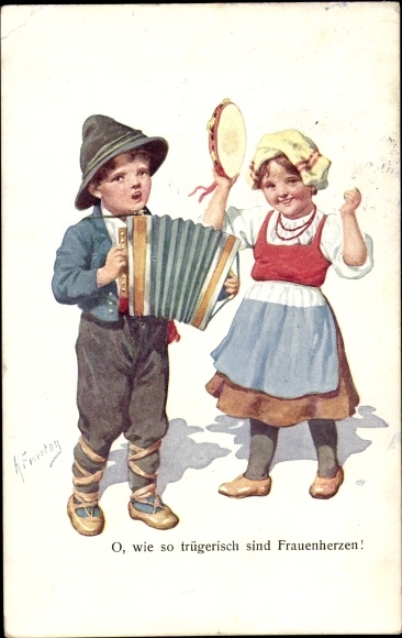 Artist Postcard Holiday, K., tambourine, accordion, O, how deceptive are women&#39;s hearts