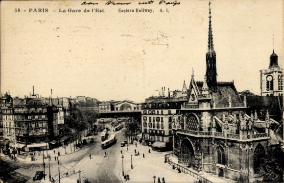 Postcard Paris X., La Gare de l'Est, East Station, trams