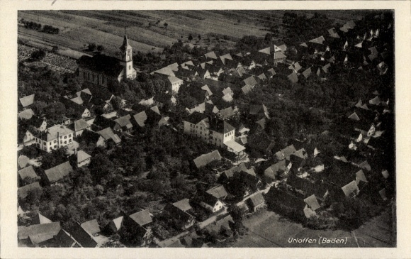 Postcard Urloffen Appenweier in Baden Black Forest, aerial view, church, houses, rural surroundings