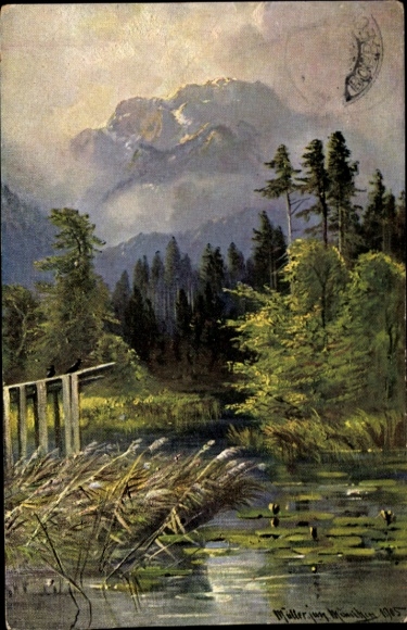 Artist Postcard Müller, M. jun., Landscape view, view over a body of water into the mountains with water lilies