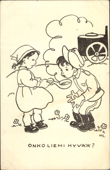 Artist Postcard Onko Liemi Hyvää, Boy as a Finnish Soldier, Field Kitchen
