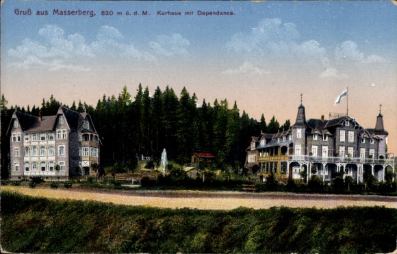 Postcard Masserberg in Thuringia, spa house, view of the forest, colored
