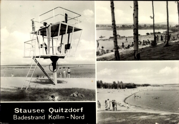 Postcard Kollm Quitzdorf am See Oberlausitz, reservoir beach Kollm - North, observation tower, vacationers