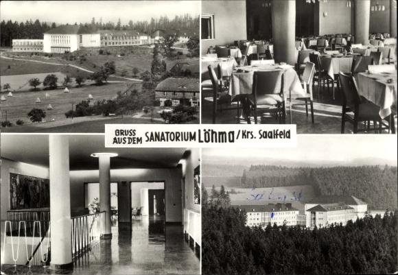 Ak Löhma Leutenberg Thüringen, Sanatorium, Außenansicht, Speisesaal, Treppengang