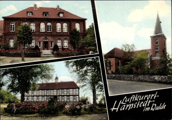 Postcard Harpstedt im Walde in Oldenburg, partial views, church, half-timbered house