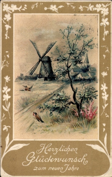 Embossed Passepartout Postcard Congratulations New Year, windmill, birds