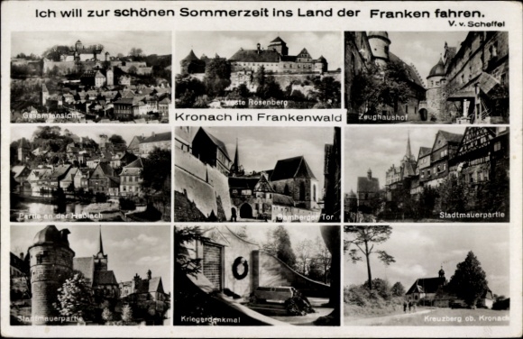 Ak Kronach in Oberfranken, Aussicht auf Kronach, Stadtmauer, Kriegerdenkmal, Rosenberg, Zeughaus
