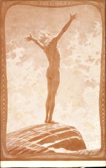 Art Nouveau artist Postcard Fidus, light prayer, man on rock