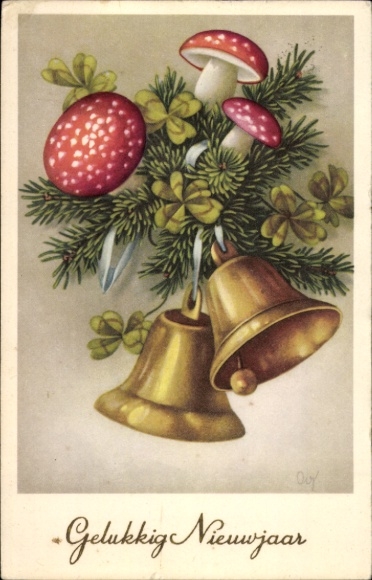 Ak Glückwunsch Neujahr, Pilze, Glocken, Glücksklee, Tannenzweige