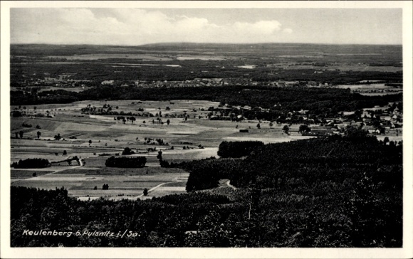 Postcard Pulsnitz Saxony, panoramic view, landscape, villages, forests, Keulenberg, clouds