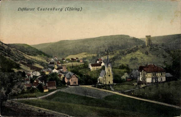 Postcard Tautenburg in Thuringia, landscape photograph, church, houses, hills, climatic health resort
