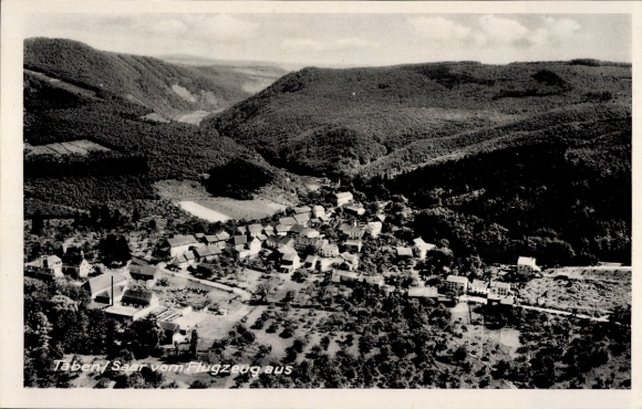 Postcard Taben Rodt an der Saar, aerial photograph, first department store on the square