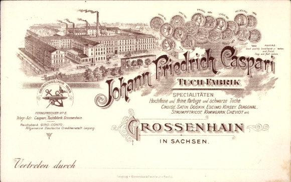 litho Großenhain Saksen, reclame, Johann Friedrich Caspari, lakenfabriek