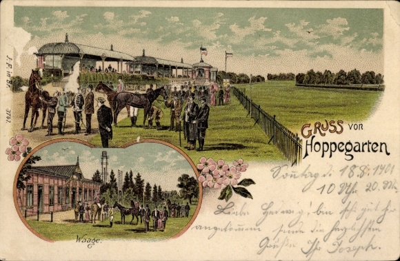 Litho Hoppegarten in Brandenburg, Rennbahn, Pferde, Waage