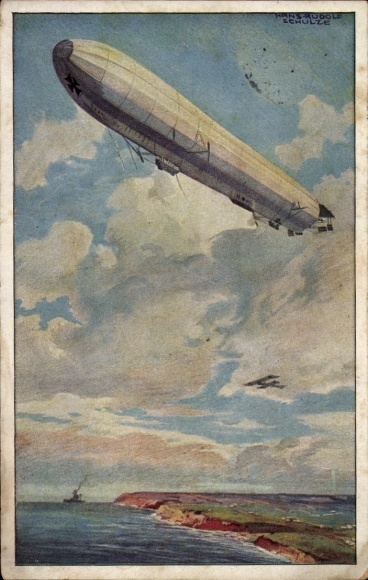 Artist Postcard Schulze, Hans Rudolf, Reichsmarine airship, watch on the German Baltic coast