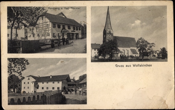 Postcard Wolfakirchen Haarbach Niederbayern, church, plot, building