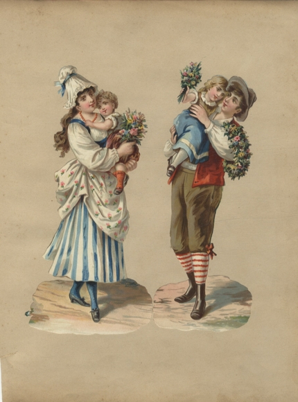 2 wafers young girl and young man with children in their arms, each approx. 21 x 9 cm