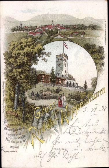 Chromo-Litho Rinteln on the Weser, cliff tower, observation tower, panorama of the place