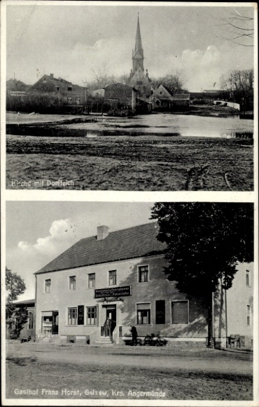 Postcard Golzow Chorin near Eberswalde, church, village pond, inn