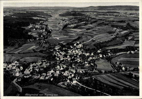Postcard Abtsgmünd Ostalbkreis, aerial photograph, landscape, fields, village view